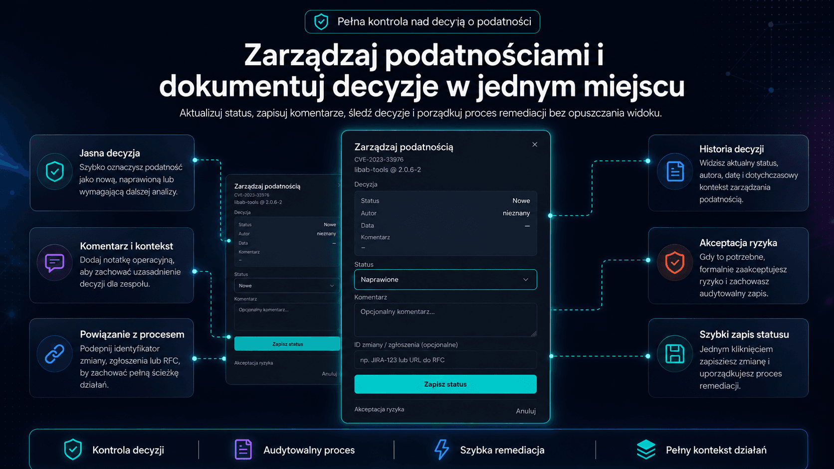 Zarządzanie podatnością - zmiana statusu, komentarz i akceptacja ryzyka z uzasadnieniem, właścicielem i datą przeglądu